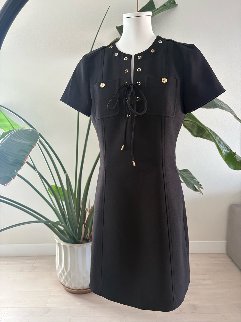 Michael Kors Black Short Sleeve Lace-Up Shift Dress with Gold Eyelets